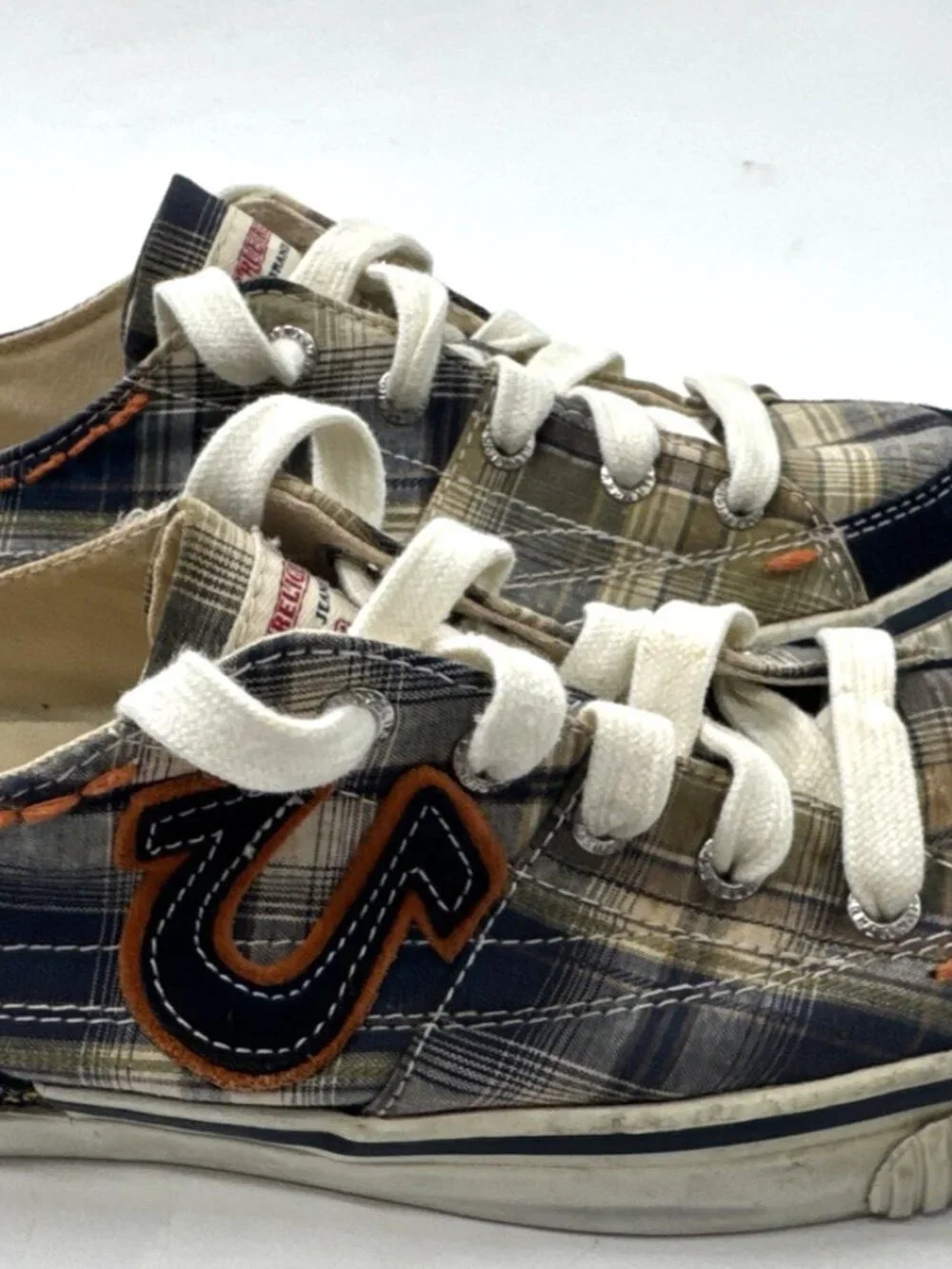 True Religion Sneakers Mens 8.5 Navy Orange Plaid Low Top Canvas Casual Shoes